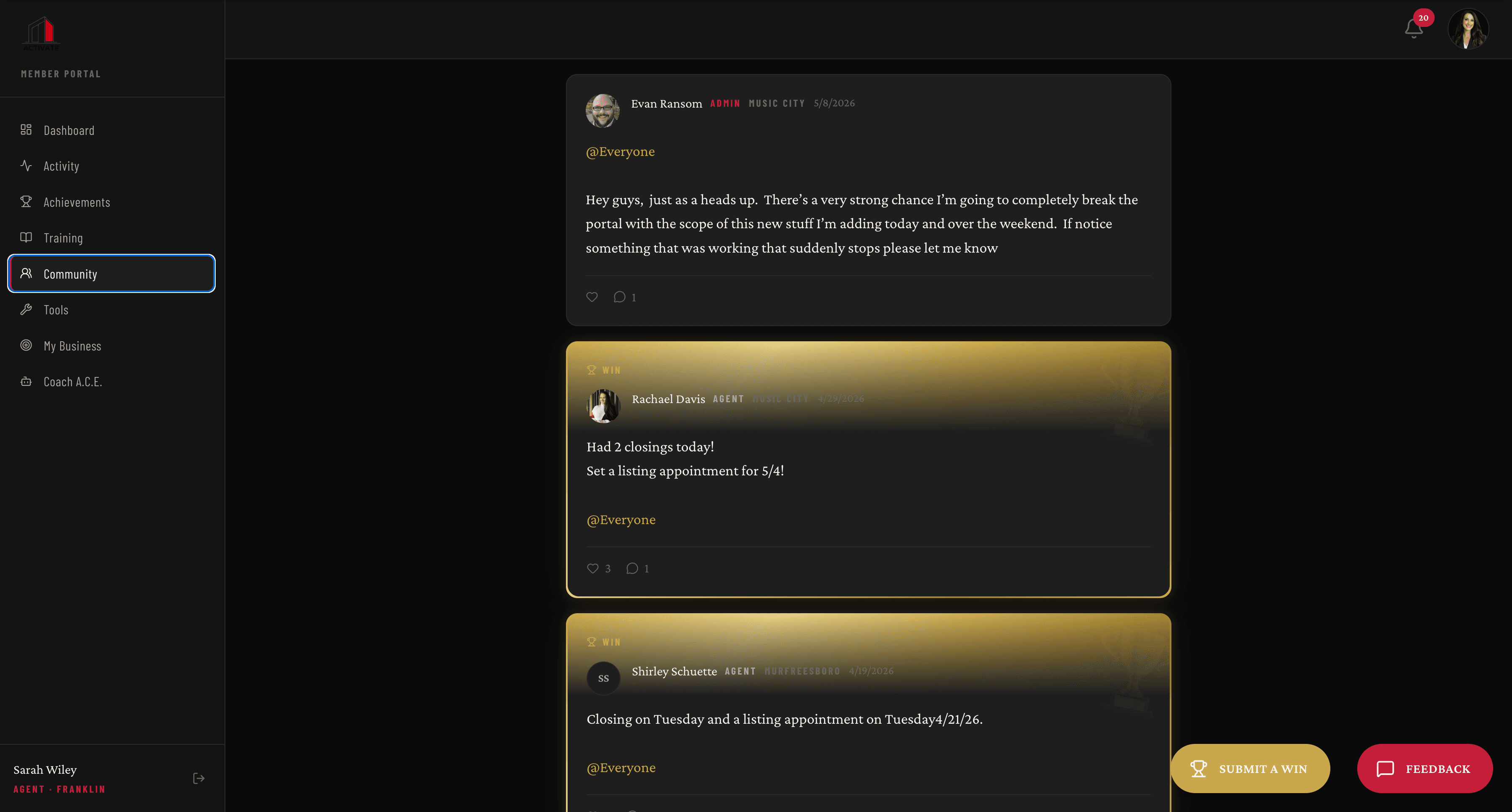 ACTIVATE Member Portal: Community feed with gold-highlighted wins.